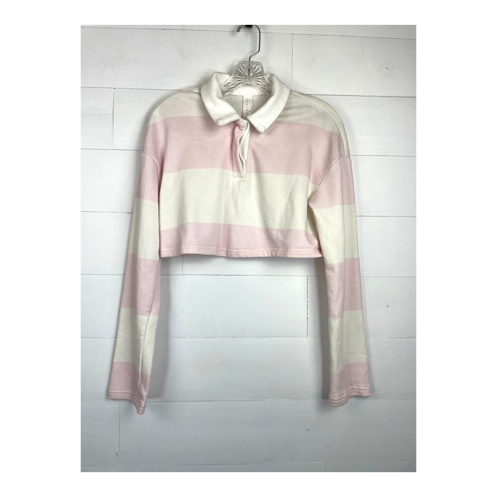 Missguided Pink and White Striped Cropped Rugby Shirt Sz S